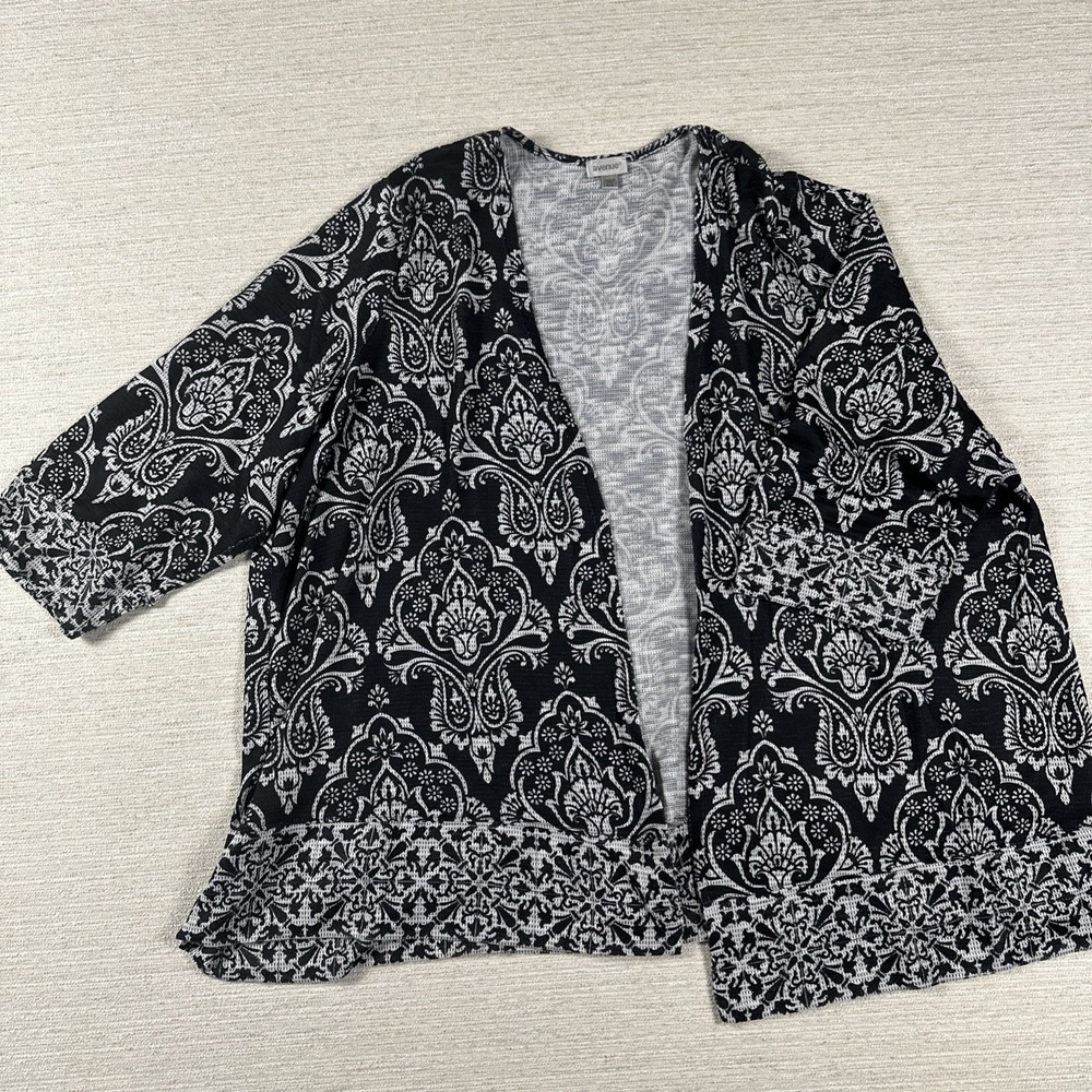 Plus Size 3X Boho Cardigan Kimono Black White Paisley Border Print Lightweight